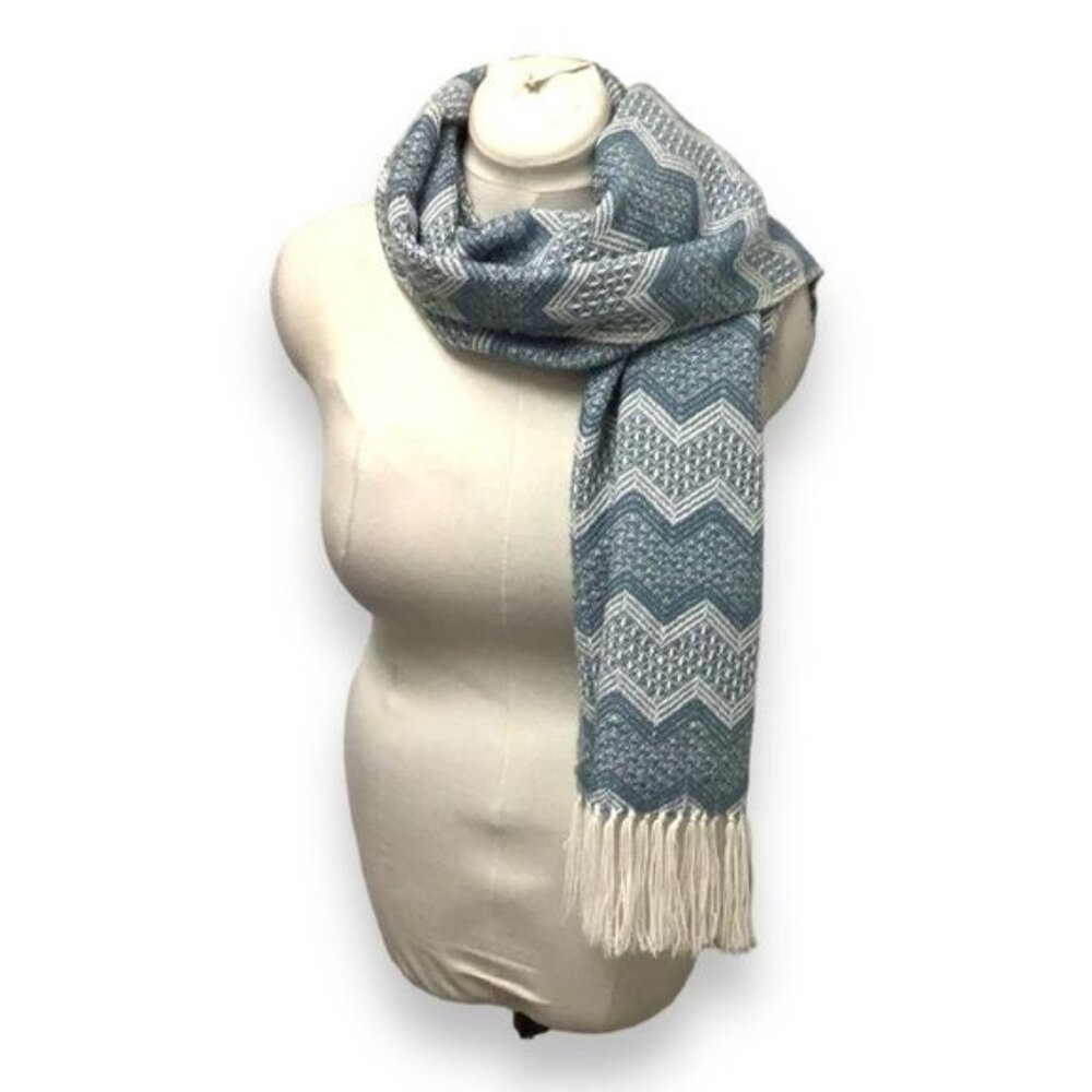 Figueroa Alpaca Blanket Wrap Scarf with Tassel Fringe, Blue Chevron, OSFA